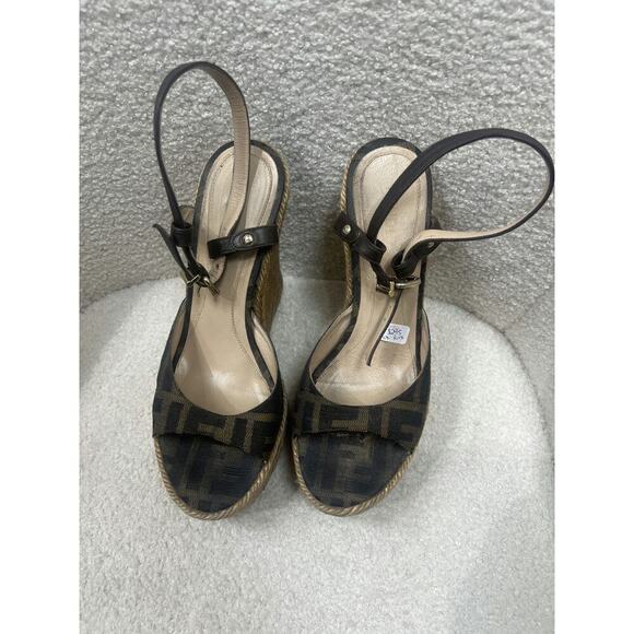 Fendi Shoes - Fendi Monogram Canvas Espadrille Wedge Sandals - Size 37